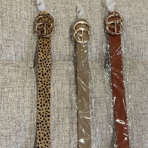 3 belts. 1 leopard, 1 taupe, 1 brown. One size. All new! $40. for all!